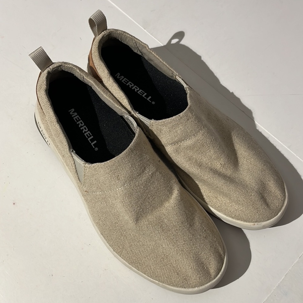 Merrell Womens Slip On Sneakers Shoes Linen Canvas Tan sz 8 summer cloth - Picture 2 of 10